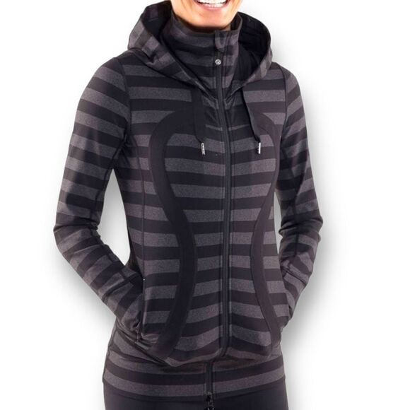 Lululemon Stride Jacket Women 4 Black Gray Striped Hoodie Thumbholes Full Zip p3 - Picture 1 of 11